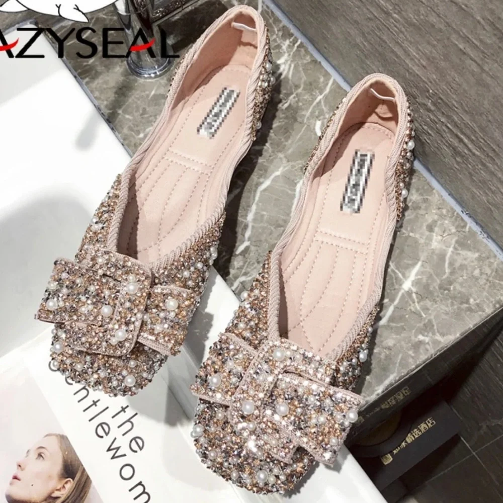 Crystals Pearl Butterfly-knot Women Flats Slip On Shoes - Picture 3 of 5